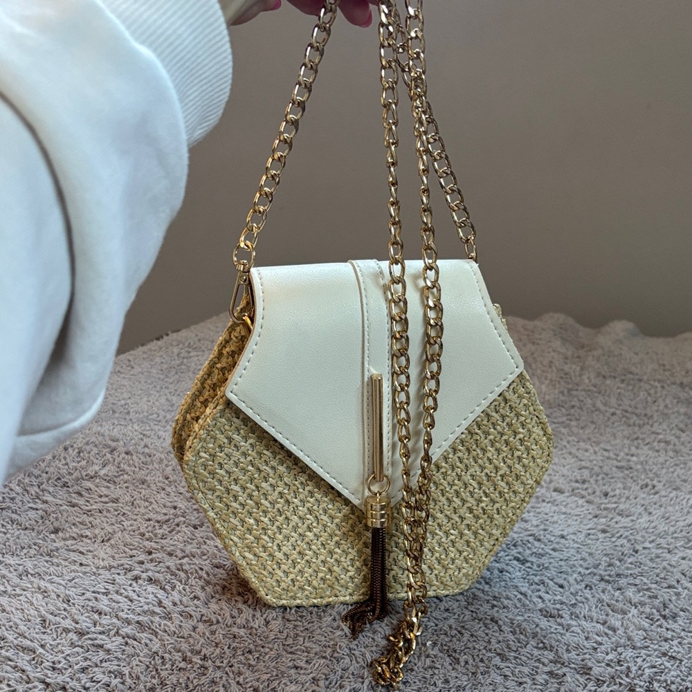 Elegant White and Tan Hexagonal Women Bag